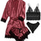 Sexy Lingerie,  Silk Satin Pajamas for Women, Womens Summer Pajamas Pjs Sets of 4 Pcs with Floral Lace Top Shorts and Robe, Gift for Women, Burgundy, XXL